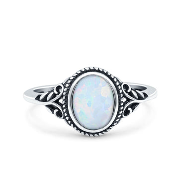 Vintage Style Oval Petite Dainty Ring Solid Oxidized Lab Created White Opal 925 Sterling Silver